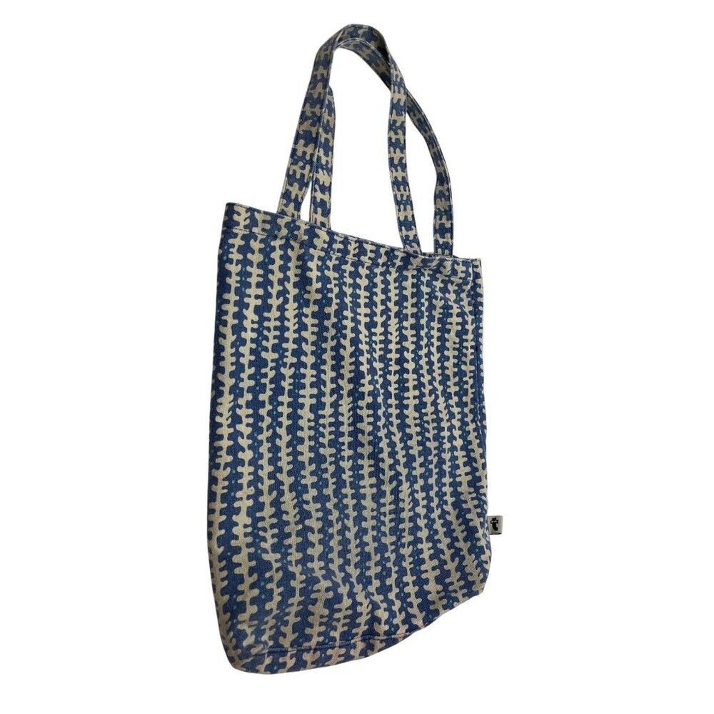 Handmade Blue & Beige Patterned Canvas Tote Bag With Long Handles 22" x 14.5"